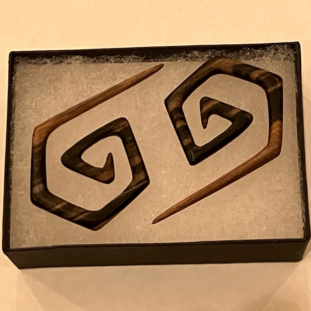 Beautiful carved wood spiral earrings, gauge 6. Brand new in box.